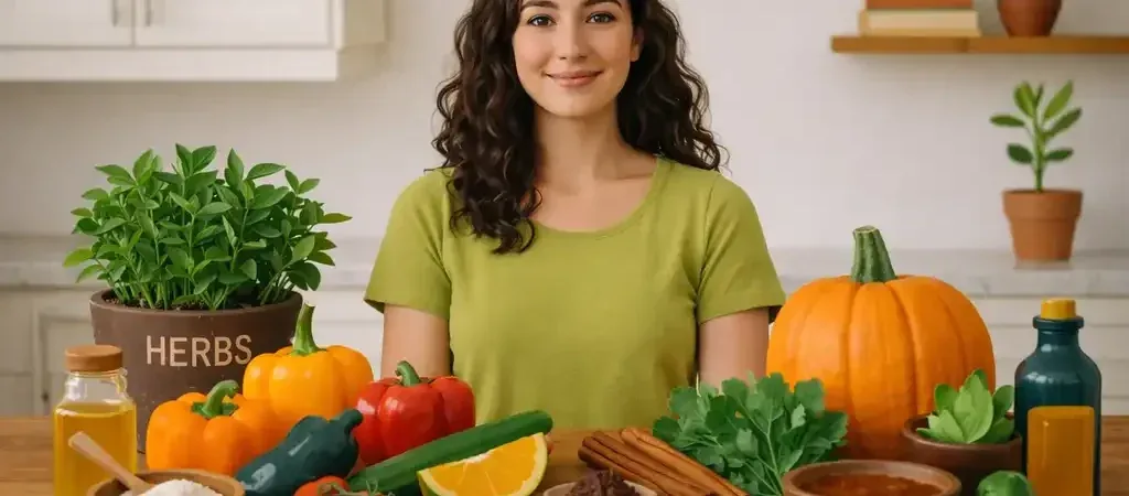 Woman in a kitchen with fresh vegetables, herbs, pumpkin and spices for seasonal Ayurvedic eating.