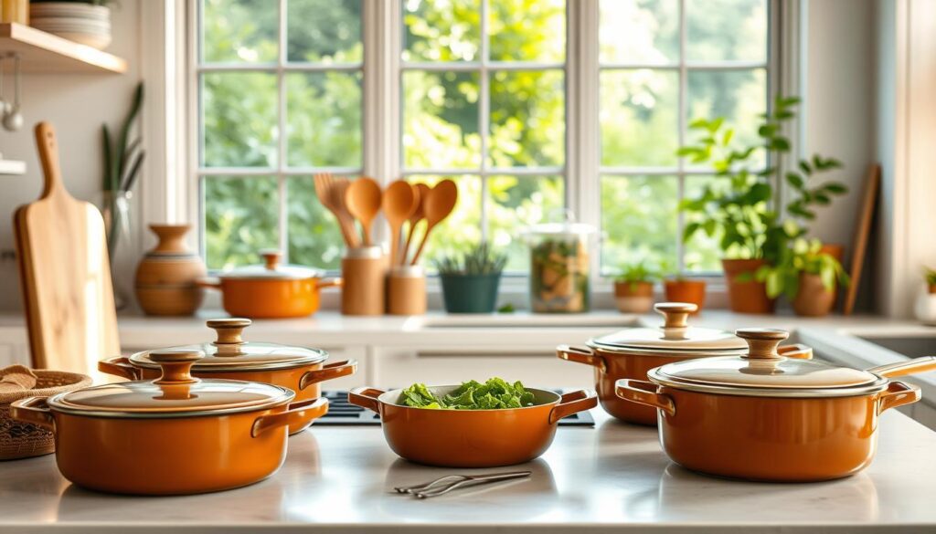 A bright, airy kitchen filled with an array of gleaming, non-toxic cookware. In the foreground, a set of enameled cast-iron pots and pans in earthy tones, their surfaces smooth and free of any harmful coatings. In the middle ground, a collection of bamboo utensils and a glass storage container filled with fresh, whole ingredients. The background features a large window overlooking a lush, verdant garden, bathing the scene in warm, natural light. The overall atmosphere conveys a sense of health, harmony, and mindful cooking, perfect for nourishing both body and soul. A bright, airy kitchen filled with an array of gleaming, non-toxic cookware. In the foreground, a set of enameled cast-iron pots and pans in earthy tones, their surfaces smooth and free of any harmful coatings. In the middle ground, a collection of bamboo utensils and a glass storage container filled with fresh, whole ingredients. The background features a large window overlooking a lush, verdant garden, bathing the scene in warm, natural light. The overall atmosphere conveys a sense of health, harmony, and mindful cooking, perfect for nourishing both body and soul.
