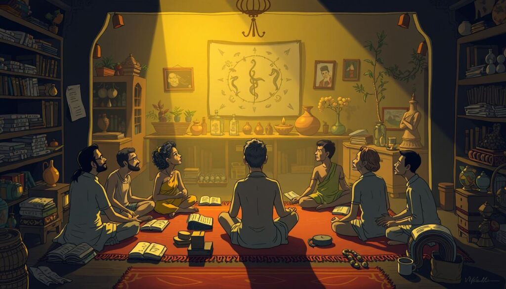 A dimly lit traditional Ayurvedic classroom, with students sitting on the floor in a meditative pose, surrounded by various Ayurvedic texts, medicinal plants, and instruments. The room is filled with a sense of contemplation, yet the students appear distracted, with their eyes unfocused and expressions of confusion. The lighting is soft and warm, creating an atmosphere of ancient wisdom, but also the challenges of navigating the complexities of Ayurvedic learning. The scene captures the common obstacles faced by those seeking to immerse themselves in the traditional Ayurvedic teachings, such as information overload, lack of personalized guidance, and the difficulty of integrating theoretical knowledge with practical application.