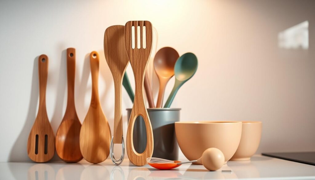 A gleaming set of non-toxic kitchen utensils arranged on a clean, minimalist countertop. In the foreground, a set of sturdy wooden spatulas, tongs, and a whisk stand upright, their natural grain subtly visible. Behind them, a mix of colorful silicone tools - a ladle, a slotted spoon, and a set of measuring cups - nestle together, their muted hues complementing the earthy tones. The background is bathed in soft, indirect lighting, casting a warm, inviting glow over the scene. The overall atmosphere is one of simplicity, functionality, and a conscious choice to avoid potentially harmful materials in the kitchen. A gleaming set of non-toxic kitchen utensils arranged on a clean, minimalist countertop. In the foreground, a set of sturdy wooden spatulas, tongs, and a whisk stand upright, their natural grain subtly visible. Behind them, a mix of colorful silicone tools - a ladle, a slotted spoon, and a set of measuring cups - nestle together, their muted hues complementing the earthy tones. The background is bathed in soft, indirect lighting, casting a warm, inviting glow over the scene. The overall atmosphere is one of simplicity, functionality, and a conscious choice to avoid potentially harmful materials in the kitchen.