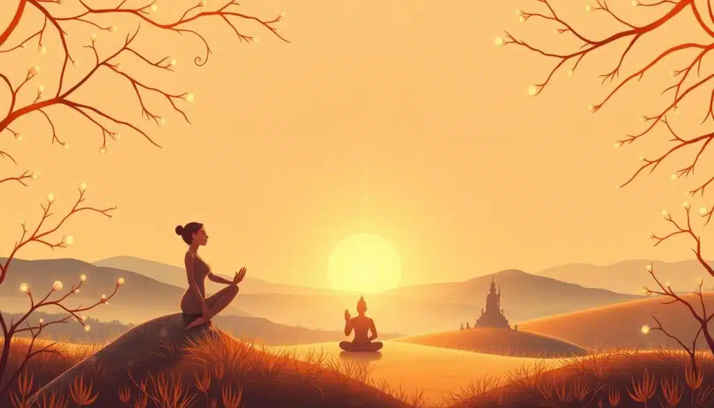A serene and contemplative landscape depicting the four branches of yoga. In the foreground, a graceful yoga pose emerges from delicate, swirling branches, symbolizing the physical practice of Hatha Yoga. In the middle ground, glowing orbs of light radiate outward, representing the meditative focus of Raja Yoga. Farther in the distance, a figure sits in deep contemplation, embodying the introspective journey of Jnana Yoga. Finally, at the horizon, a divine figure stands tall, illustrating the devotional essence of Bhakti Yoga. The scene is bathed in a warm, golden light, evoking a sense of spiritual enlightenment and harmony. Subtle textures and organic shapes blend seamlessly, creating a harmonious and visually captivating interpretation of the four branches of yoga.