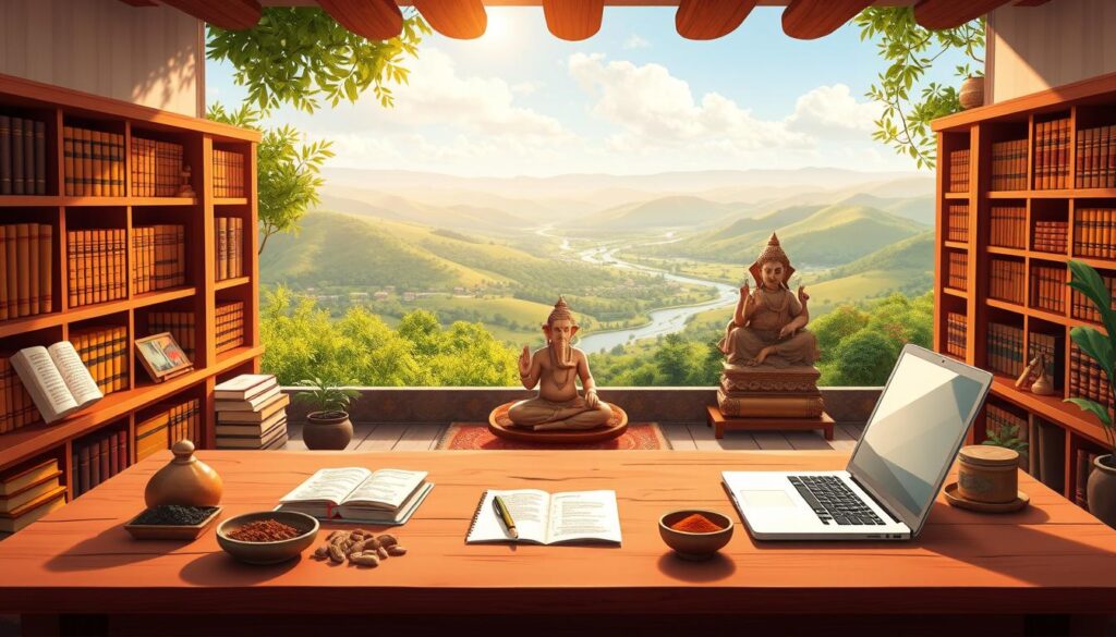 A serene and inviting online learning environment for Ayurvedic studies. In the foreground, a wooden desk with a laptop, notes, and various Ayurvedic herbs and spices. A middle ground filled with warm, earthy tones - bookcases lined with ancient texts, a meditation cushion, and a statue of Lord Ganesha. In the background, a panoramic view of a lush, verdant landscape with rolling hills, a winding river, and a clear, azure sky. Soft, natural lighting fills the scene, casting a gentle, contemplative glow. The overall mood is one of tranquility, knowledge, and a connection to the timeless traditions of Ayurvedic healing.