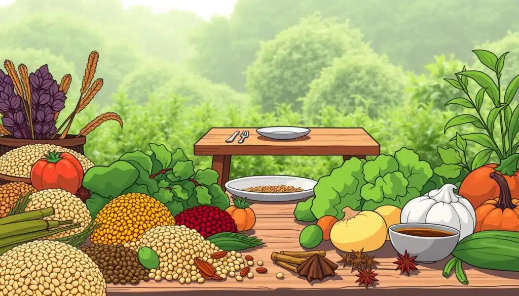 A serene and tranquil scene depicting the essence of a sattvic diet. In the foreground, an array of fresh, wholesome ingredients including grains, legumes, vegetables, fruits, and aromatic spices. In the middle ground, a wooden table set with a simple, elegant place setting, signifying mindful, contemplative dining. The background features a calming, natural landscape with lush greenery, perhaps a vegetable garden or a serene garden setting. The lighting is soft and diffused, evoking a sense of purity and balance. The overall mood is one of harmony, simplicity, and a deep connection to the natural world, reflecting the principles of a sattvic lifestyle.
