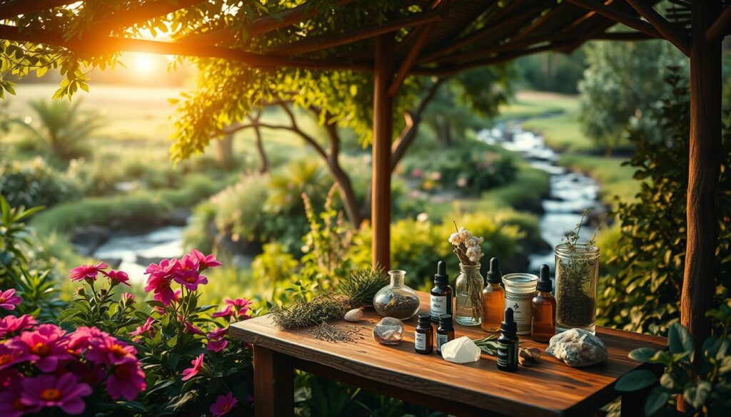 A serene garden oasis, with lush greenery and vibrant blooming flowers in the foreground. In the middle ground, a wooden table displays an array of natural health remedies, including herbs, essential oils, and crystals. Warm, diffused lighting filters through the overhead canopy, creating a cozy, inviting atmosphere. In the background, a tranquil stream winds its way through the landscape, with soft, ambient sounds of water flowing. The overall scene conveys a sense of balance, harmony, and the integration of traditional and complementary approaches to wellness.