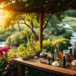 A serene garden oasis, with lush greenery and vibrant blooming flowers in the foreground. In the middle ground, a wooden table displays an array of natural health remedies, including herbs, essential oils, and crystals. Warm, diffused lighting filters through the overhead canopy, creating a cozy, inviting atmosphere. In the background, a tranquil stream winds its way through the landscape, with soft, ambient sounds of water flowing. The overall scene conveys a sense of balance, harmony, and the integration of traditional and complementary approaches to wellness. A serene garden oasis, with lush greenery and vibrant blooming flowers in the foreground. In the middle ground, a wooden table displays an array of natural health remedies, including herbs, essential oils, and crystals. Warm, diffused lighting filters through the overhead canopy, creating a cozy, inviting atmosphere. In the background, a tranquil stream winds its way through the landscape, with soft, ambient sounds of water flowing. The overall scene conveys a sense of balance, harmony, and the integration of traditional and complementary approaches to wellness.