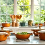 A bright, airy kitchen filled with an array of gleaming, non-toxic cookware. In the foreground, a set of enameled cast-iron pots and pans in earthy tones, their surfaces smooth and free of any harmful coatings. In the middle ground, a collection of bamboo utensils and a glass storage container filled with fresh, whole ingredients. The background features a large window overlooking a lush, verdant garden, bathing the scene in warm, natural light. The overall atmosphere conveys a sense of health, harmony, and mindful cooking, perfect for nourishing both body and soul. A bright, airy kitchen filled with an array of gleaming, non-toxic cookware. In the foreground, a set of enameled cast-iron pots and pans in earthy tones, their surfaces smooth and free of any harmful coatings. In the middle ground, a collection of bamboo utensils and a glass storage container filled with fresh, whole ingredients. The background features a large window overlooking a lush, verdant garden, bathing the scene in warm, natural light. The overall atmosphere conveys a sense of health, harmony, and mindful cooking, perfect for nourishing both body and soul.