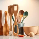 A gleaming set of non-toxic kitchen utensils arranged on a clean, minimalist countertop. In the foreground, a set of sturdy wooden spatulas, tongs, and a whisk stand upright, their natural grain subtly visible. Behind them, a mix of colorful silicone tools - a ladle, a slotted spoon, and a set of measuring cups - nestle together, their muted hues complementing the earthy tones. The background is bathed in soft, indirect lighting, casting a warm, inviting glow over the scene. The overall atmosphere is one of simplicity, functionality, and a conscious choice to avoid potentially harmful materials in the kitchen.