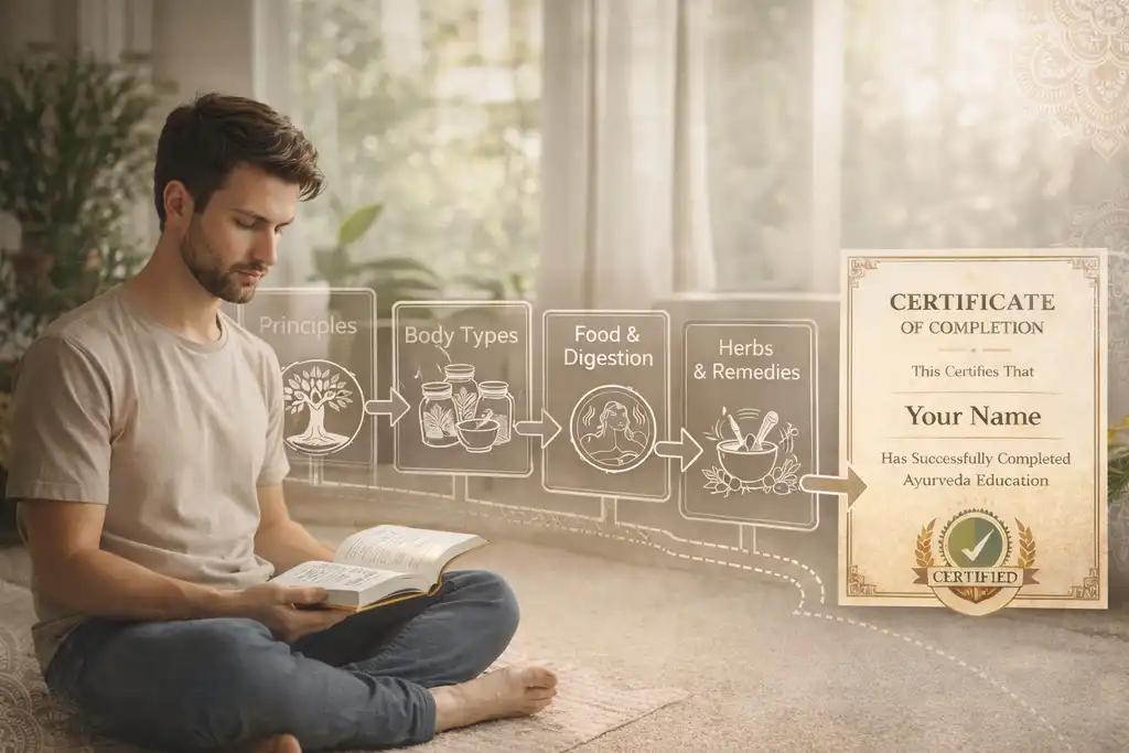 A student learning Ayurvedic principles, body types, food and digestion, herbs and remedies, with a certificate of completion